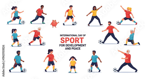 Illustration of diverse people engaging in various sports for the International Day of Sport for Development and Peace with colorful vector graphics on a white background.