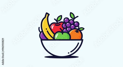 A white bowl overflowing with colorful, stylized fruits like bananas, apples, oranges, and grapes
