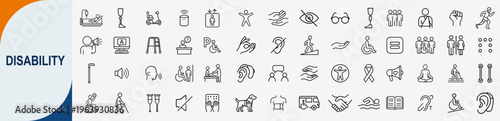 Disability and accessibility icons set, outline symbols for inclusive design mobility assistance medical rehabilitation and handicap people support vector illustration