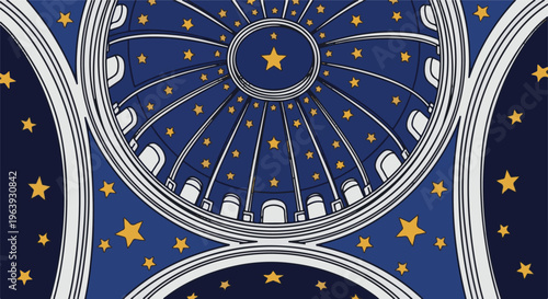 A stylized celestial dome ceiling with radiating architecture and stars