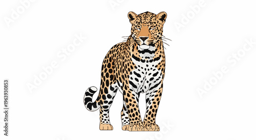 A striking digital illustration of a spotted feline with golden fur and black rosettes