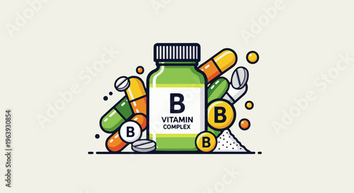 A vibrant, cartoon-style illustration of a vitamin B complex supplement bottle