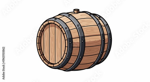 A wooden barrel with metal bands and a stopper is shown isolated