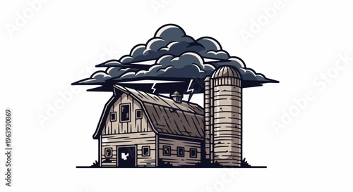 A wooden barn and silo stand under ominous, stormy clouds with lightning
