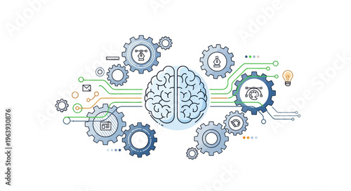 Augmented reality AI design concept features brain with gears and circuits