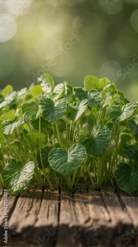 Green plants on wooden surface outdoors.