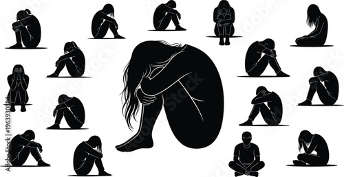Black silhouettes of depressed people sitting alone, sad men and women feeling lonely, stressed, or anxious, mental health awareness concept isolated on white background. (25 words)