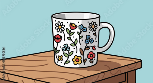 A white mug adorned with colorful hand-drawn flowers sits on a wooden surface