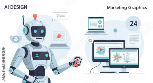 Robot presenting data on multiple screens in a modern workspace with smart AI enhancements.