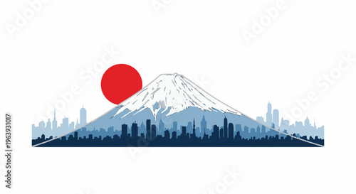 A snow-capped mountain overlooks a city skyline under a red sun