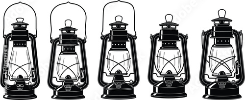 Black silhouettes of vintage kerosene lanterns and hurricane lamps with glass globes, collection of retro oil lamp illustrations for camping and rustic lighting. (25 words)