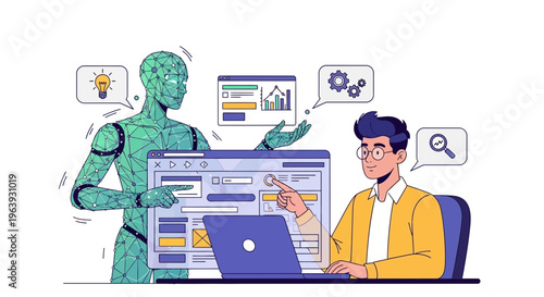 A robot and a man are collaborating on a computer screen displaying digital data.