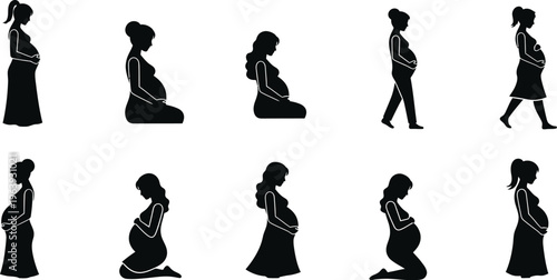 Pregnant Woman Silhouette Icons in Various Poses illustration