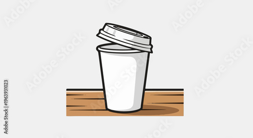 A white paper cup with its lid partially open, set on a wooden surface