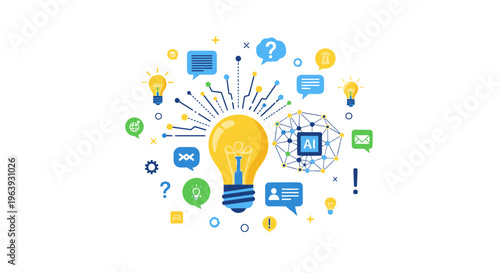 The illustration depicts a creative concept with a lightbulb surrounded by various icons and symbols.