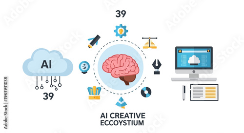 A futuristic illustration depicts a brain surrounded by AI symbols and a computer
