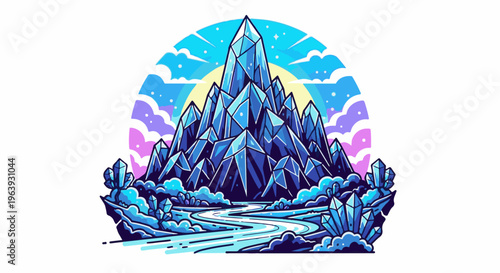 A vibrant pixelated landscape with crystal mountains, a winding river, and a colorful sky