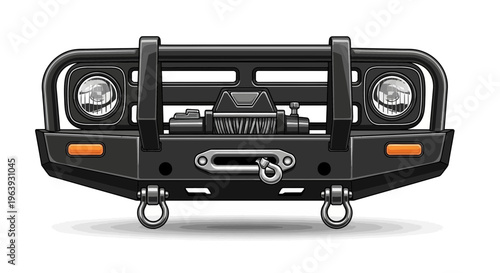 A detailed illustration of a black off-road vehicle bumper with a bull bar and winch