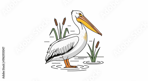 A white pelican stands in water with cattails and abstract lines