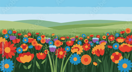 A vibrant, cartoonish field of diverse, colorful wildflowers under a serene blue sky