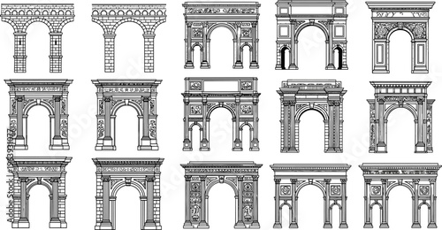 Set of black and white line art illustrations of classical triumphal arches and monumental gates, vintage neoclassical architectural design elements isolated on white background. (25 words)