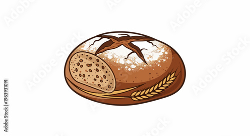 A whole loaf of artisan bread with a slice, dusted with flour, and wheat