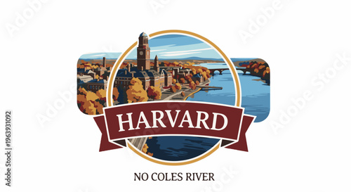 A stylized, circular emblem depicting a riverside cityscape in autumn with text