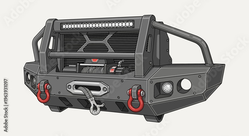 Off-road vehicle features a rugged bumper with hooks and winch.