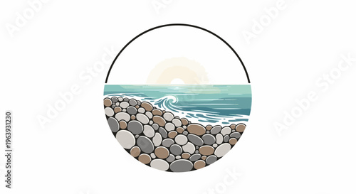 A stylized circular scene depicts a pebble beach meeting a gentle ocean wave under a hazy sun
