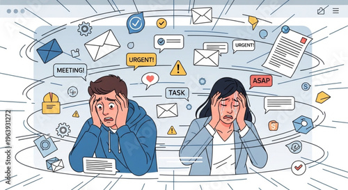 A man and woman looking stressed and overwhelmed by a swirl of emails, notifications, and urgent tasks on a computer screen.