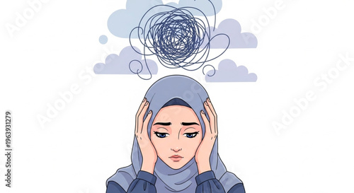 A woman wearing a hijab holding her head with a tangled mess of thoughts above her, representing anxiety, stress, or mental health struggles.