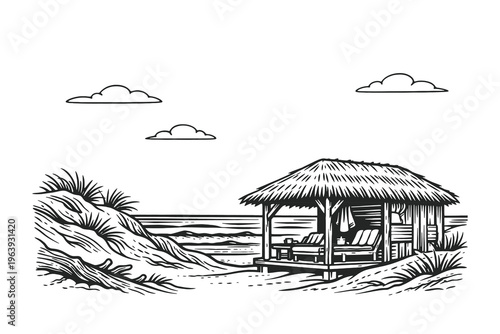 Serene vintage line art vector illustration of a tropical beach hut or gazebo on the sand with ocean waves and a tranquil coastal landscape view.