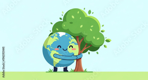 A smiling, friendly cartoon Earth globe hugging a green tree, symbolizing love for nature and environmental protection.