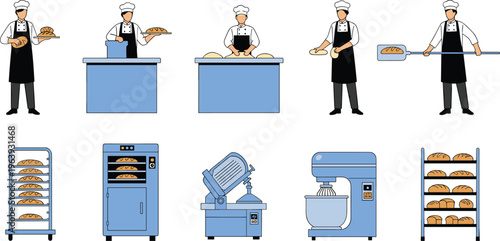Professional bakery workflow with chef preparing dough, baking bread, using mixer, oven, racks and equipment in modern kitchen