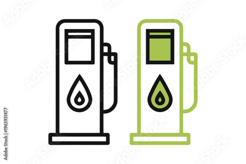 Gas Pump Icons: Outline and Green Design Variations with Water Drop Symbol for Fuel Stations and Energy Concepts