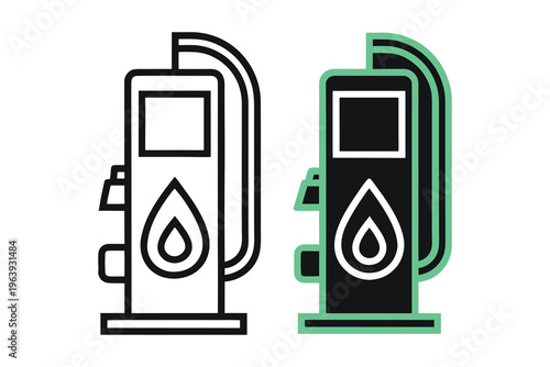 Gas Pump Icons: Black and White Line Art and Filled Design with Water Drop Symbol for Fuel Stations and Energy Industry with Both feature a prominent water drop symbol