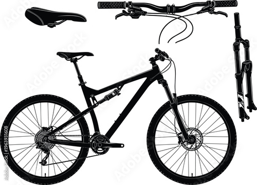 Detailed mountain bike silhouette with components, front fork, handlebar and saddle, off road cycling equipment concept, vector illustration design