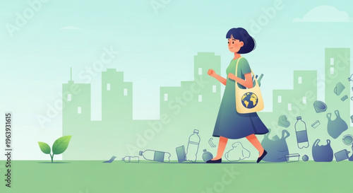 A young woman walking through a city with a reusable globe-branded bag, leaving behind a trail of plastic waste to promote environmental awareness.