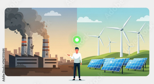 A man standing between a polluting industrial factory and a clean landscape with solar panels and wind turbines, representing energy transition.