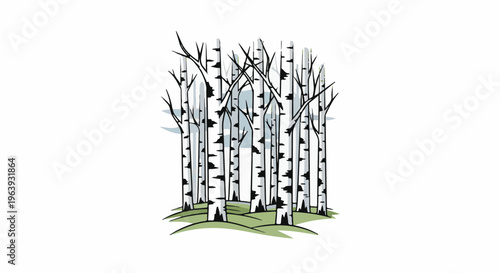 A stylized illustration of a grove of birch trees with white trunks and black markings