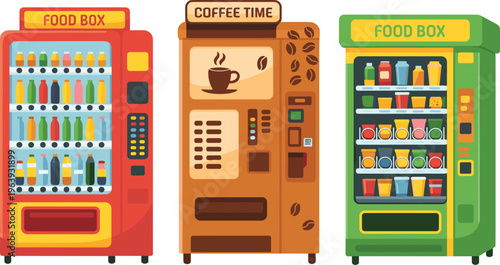 Set of colorful vending machines with drinks, snacks and coffee options, modern self service food box kiosks isolated illustration