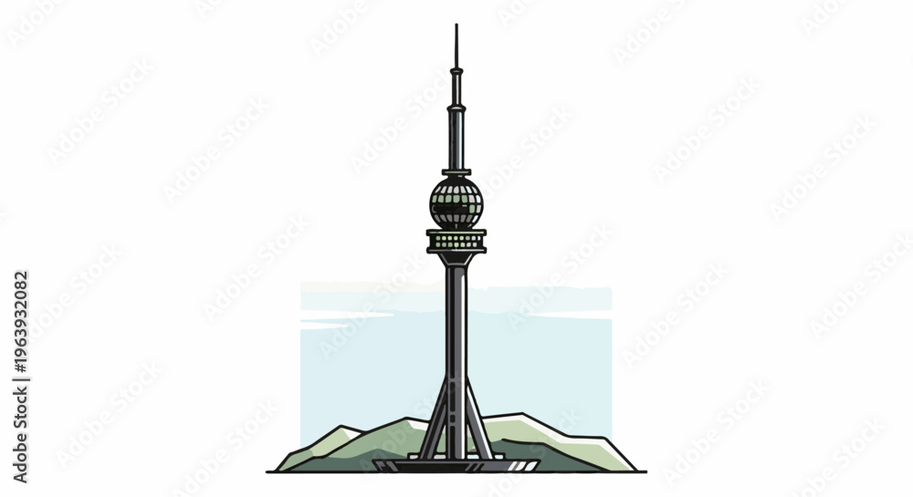 Obraz premium A tall, slender tower rises from a rounded base, capped with a spherical observation deck and spire