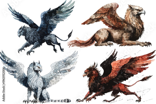 set of Watercolor Griffin, Fantasy Creature Art, vector illustration isolated on white background