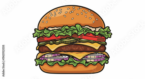 A tall, double-patty burger with cheese, lettuce, tomato, pickles, and onions