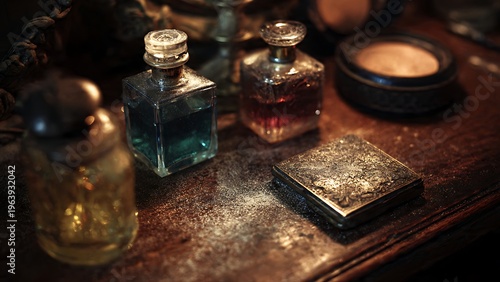 Dusty Glass Perfume Bottles Captured in a Macro Shot on an Antique Wooden Surface