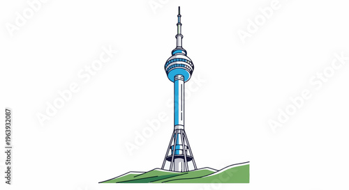 A tall, slender tower with a spherical observation deck rises above green hills