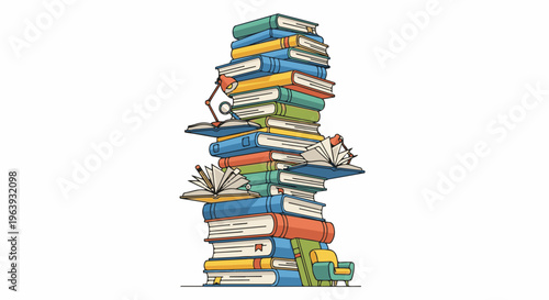 A tall stack of colorful books, a lamp, a magnifying glass, and an armchair