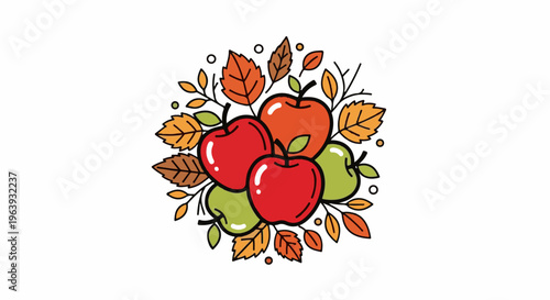 A stylized cluster of apples with autumn leaves, rendered in a simple, graphic style