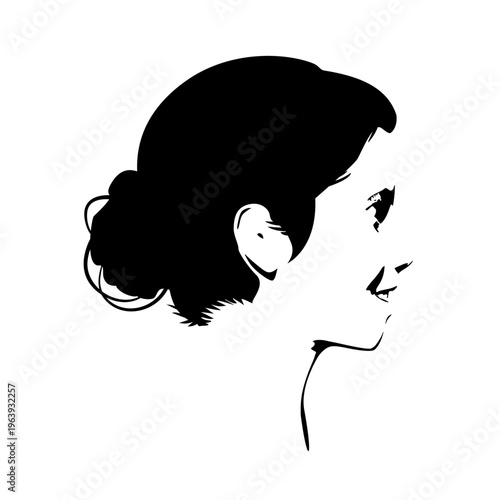 Young woman face side view in low key style. Elegant silhouette of a female head. Positive emotions.