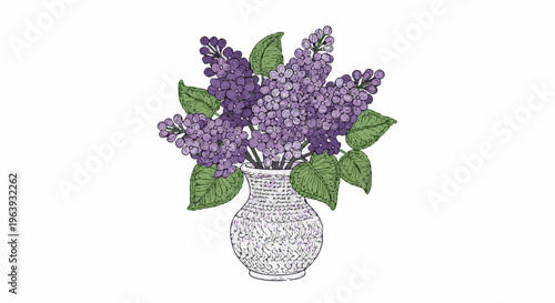 A textured white vase holds a bouquet of vibrant purple lilac flowers and green leaves
